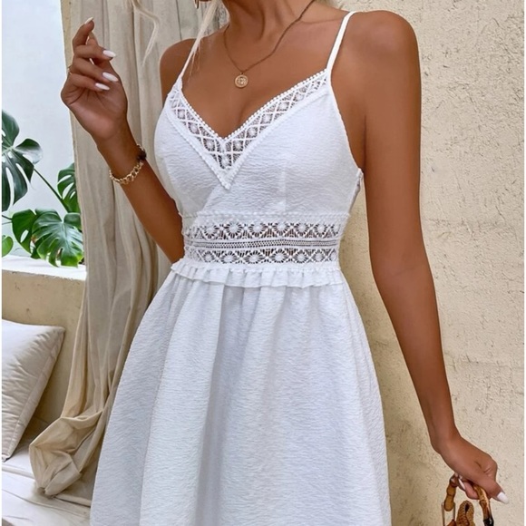 New White V Neck Ruffle Trim Cami Dress - Picture 2 of 8
